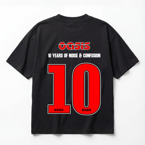 Oasis 10 Years of Noise & Confusion Union Jack Logo Premium Oversized Double-Sided T-Shirt (Unisex)